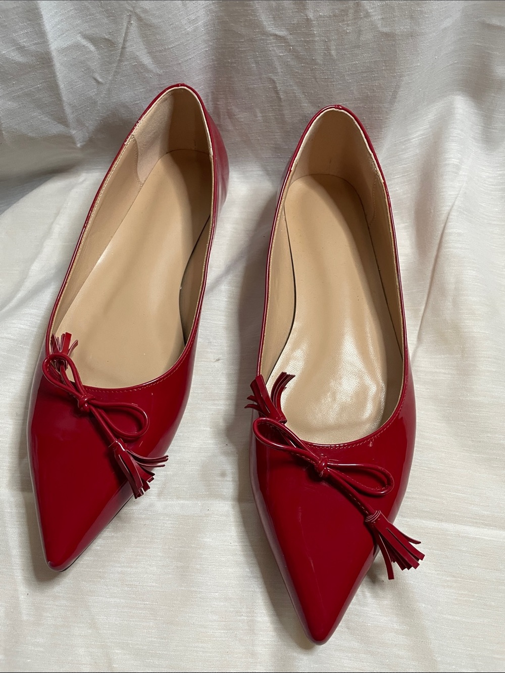 Red Pointed-Toe Ballet Flats with Tassel Bow Red Patton Faux Leather